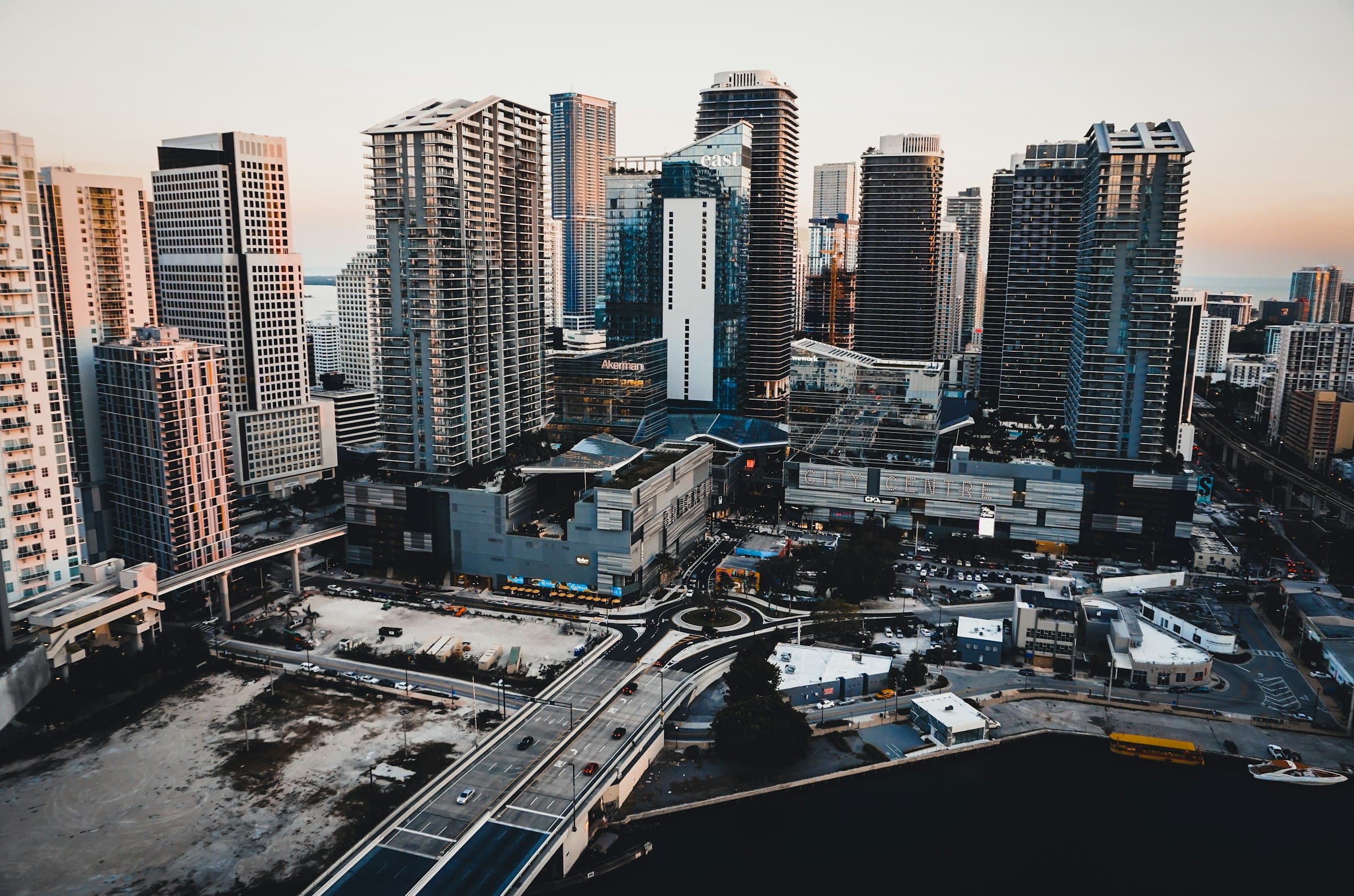 Aerial view of the city skyline at sunset